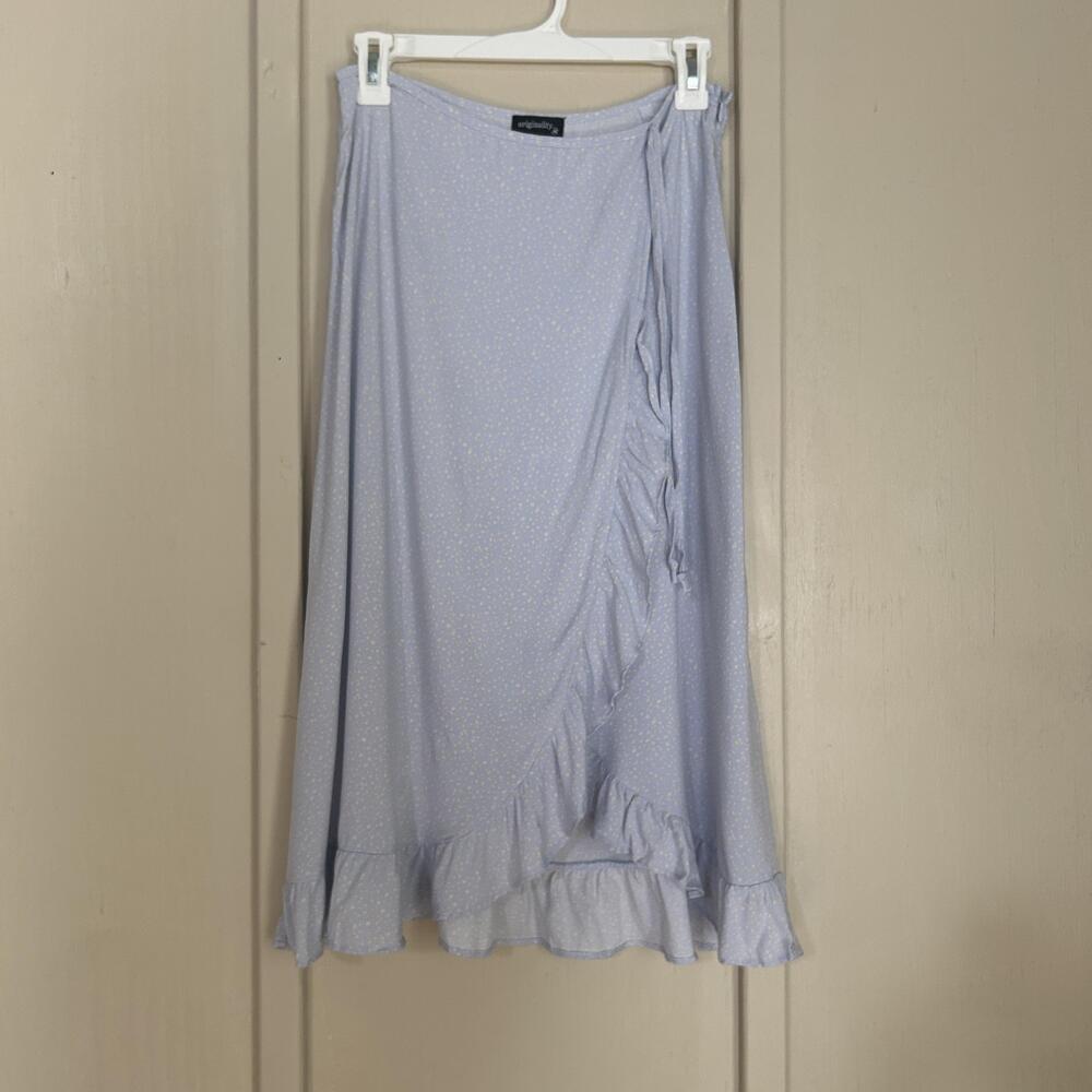 Originality Skirt Womens Medium Blue Wrap Polka Dot Ruffle Hem Midi Casual